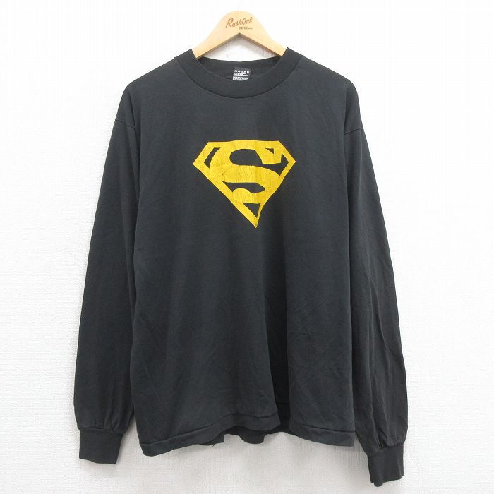 XL★古着 フルーツオブザルーム 長袖 ビンテージ Tシャツ メンズ 90年代 90s スーパーマン クルーネック USA製 黒 ブラック 【spe】 25aug21 中古