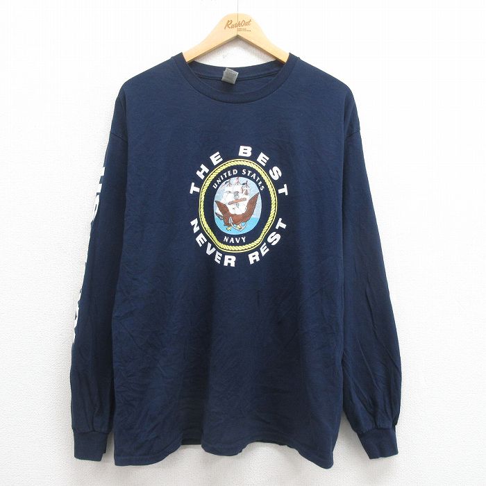 XL★古着 長袖 Tシャツ メンズ ミリタリー USネイビ コットン クルーネック 紺 ネイビー 25aug21 中古