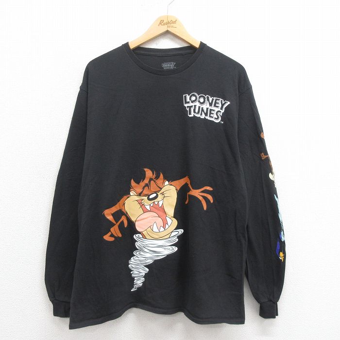 L★古着 長袖 Tシャツ メンズ ルーニーテューンズ LOONEY TUNES タズ バッグスバニー コットン クルーネック 黒 ブラック 25aug21 中古