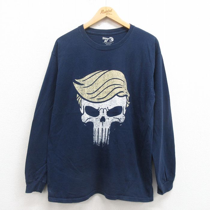 L★古着 長袖 Tシャツ メンズ スカル コットン クルーネック USA製 紺 ネイビー 25aug21 中古