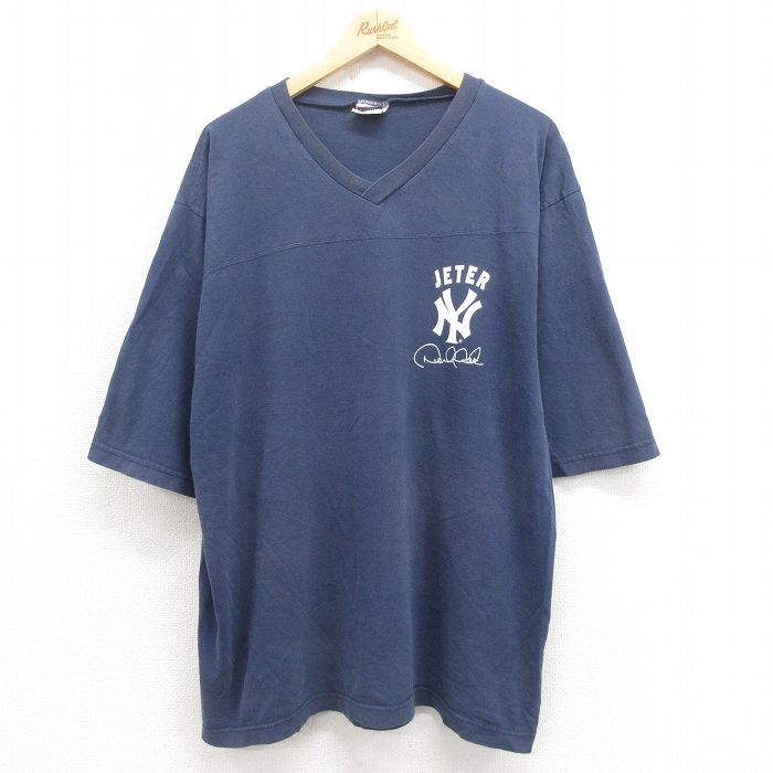 XL★古着 半袖 ビンテージ フットボール Tシャツ メンズ 90年代 90s MLB ニューヨークヤンキース デレクジータ 2 コットン Vネック 紺 ネイビー メジャーリーグ ベースボール 野球 25aug21 中古
