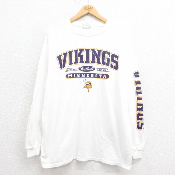 【20%OFF】L★古着 長袖 ビンテージ Tシャツ メンズ 00年代 00s NFL ミネソタバイキングス コットン クルーネック 白 ホワイト アメフト スーパーボウル 25aug21 中古