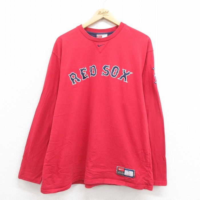 XL★古着 ナイキ NIKE 長袖 ビンテージ Tシャツ メンズ 00年代 00s MLB ボストンレッドソックス 刺繍 コットン クルーネック 赤 レッド メジャーリーグ ベースボール 野球 25aug21 中古