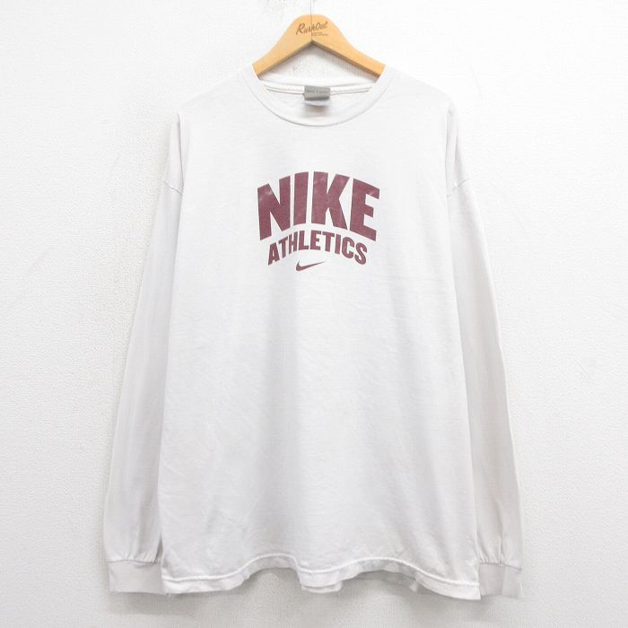 XL★古着 ナイキ NIKE 長袖 ビンテージ Tシャツ メンズ 00年代 00s ビッグロゴ 大きいサイズ コットン クルーネック 白系 ホワイト 25aug21 中古