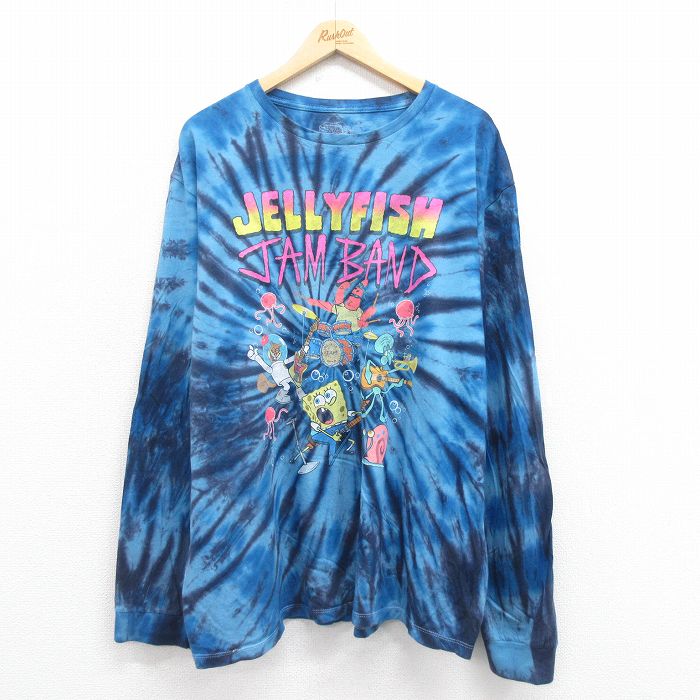 【50%OFF】XL★古着 長袖 Tシャツ メンズ アニメ スポンジボブ 大きいサイズ コットン クルーネック 青 ブルー タイダイ 25aug21 中古