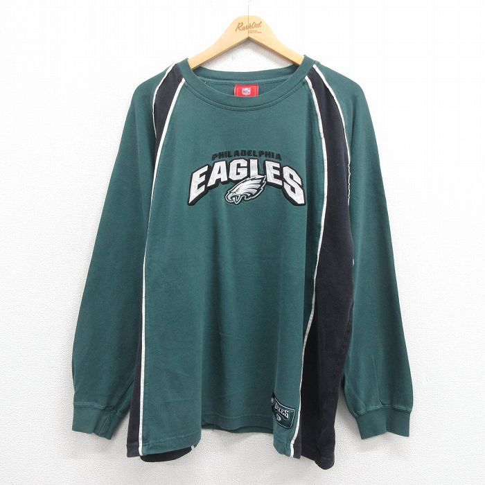【50%OFF】XL★古着 長袖 ビンテージ Tシャツ メンズ 00年代 00s NFL フィラデルフィアイーグルス 刺繍 大きいサイズ ラグラン クルーネック 緑 グリーン アメフト スーパーボウル 25aug21 中古
