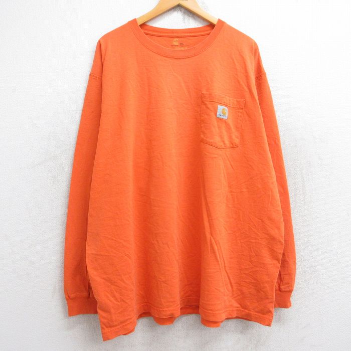 XL★古着 カーハート Carhartt 長袖 Tシャツ メンズ ワンポイントロゴ 胸ポケット付き 大きいサイズ コットン クルーネック オレンジ 25aug22 中古