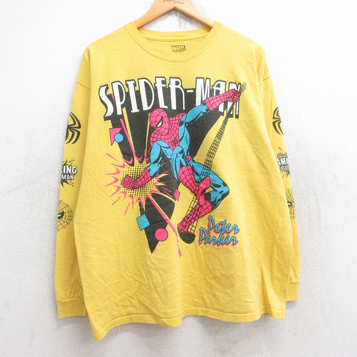 XL★古着 長袖 Tシャツ メンズ マーベル スパイダーマン コットン クルーネック 黄 イエロー 25aug22 中古