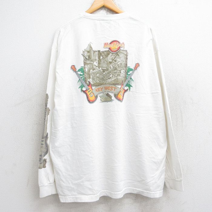 XL★古着 長袖 ビンテージ Tシャツ メンズ 00年代 00s ハードロックカフェ キーウエスト ギター 地図 大きいサイズ クルーネック 白 ホワイト 25aug22 中古