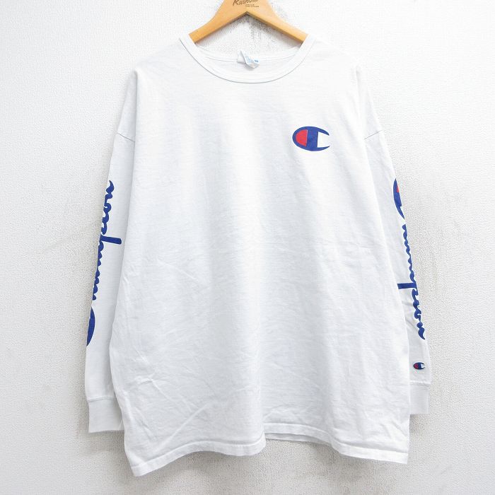 XL★古着 チャンピオン Champion 長袖 Tシャツ メンズ ビッグロゴ 大きいサイズ コットン クルーネック 白 ホワイト 25aug22 中古