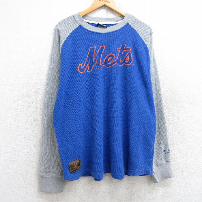 XL★古着 リーボック REEBOK 長袖 ビンテージ サーマル Tシャツ メンズ 00年代 00s MLB ニューヨークメッツ ラグラン ツートンカラー 大きいサイズ コットン クルーネック 青他 ブルー メジャーリーグ ベースボール 野球 25aug22 中古