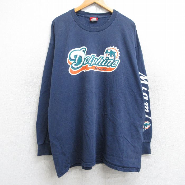 XL★古着 長袖 ビンテージ Tシャツ メンズ 00年代 00s NFL マイアミドルフィンズ 大きいサイズ ロング丈 コットン クルーネック 紺 ネイビー アメフト スーパーボウル 25aug22 中古