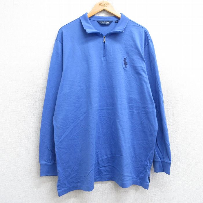 XL★古着 ラルフローレン Ralph Lauren ポロゴルフ 長袖 ブランド ハーフジップ Tシャツ メンズ 90年代 90s ビッグポニー 大きいサイズ ロング丈 コットン 薄紺 ネイビー 【spe】 25aug22 中古