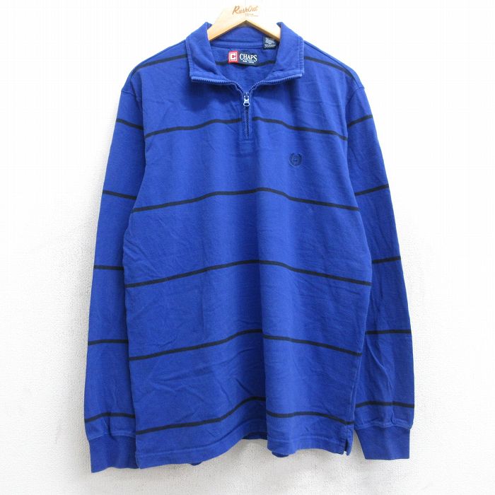 XL★古着 チャップス 長袖 ハーフジップ Tシャツ メンズ ワンポイントロゴ コットン クルーネック 青 ブルー ボーダー 25aug22 中古