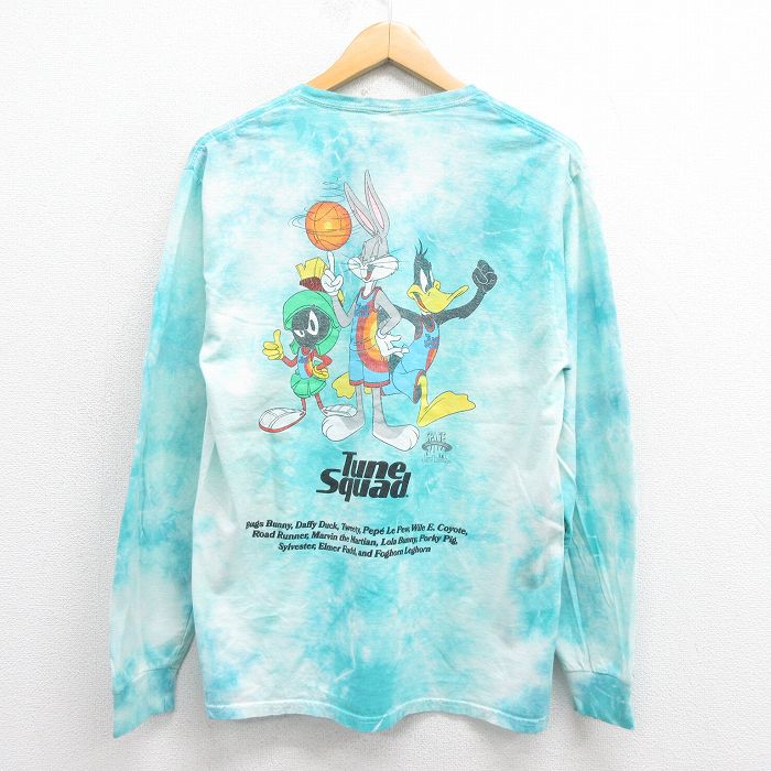 M★古着 長袖 Tシャツ メンズ ルーニーテューンズ LOONEY TUNES スペースジャム チェーンスクワッド バッグスバニー コットン クルーネック 青緑 タイダイ 25aug22 中古