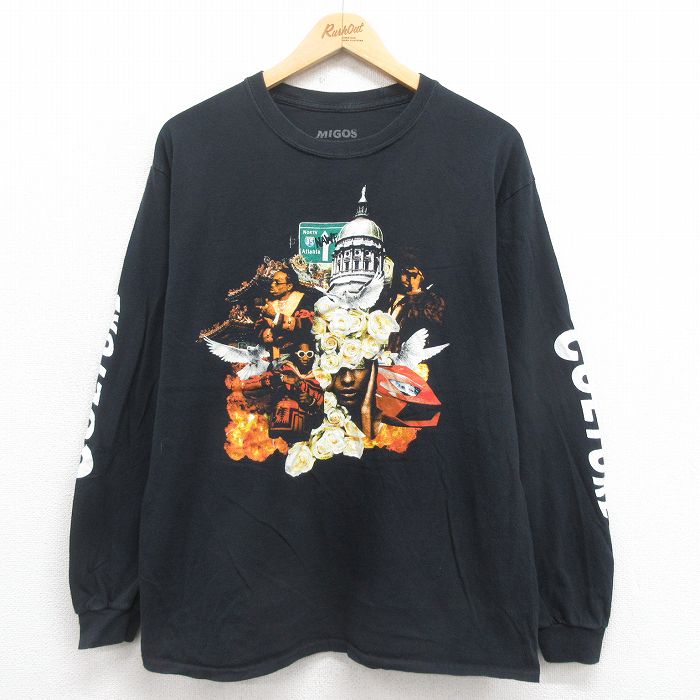 L★古着 長袖 ヒップホップ ラップ Tシャツ メンズ ミーゴス MIGOS コットン クルーネック 黒 ブラック 【spe】 25aug22 中古