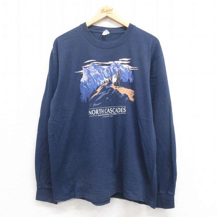 L★古着 長袖 Tシャツ メンズ ノースカスケード国立公園 コットン クルーネック 紺 ネイビー 25aug22 中古