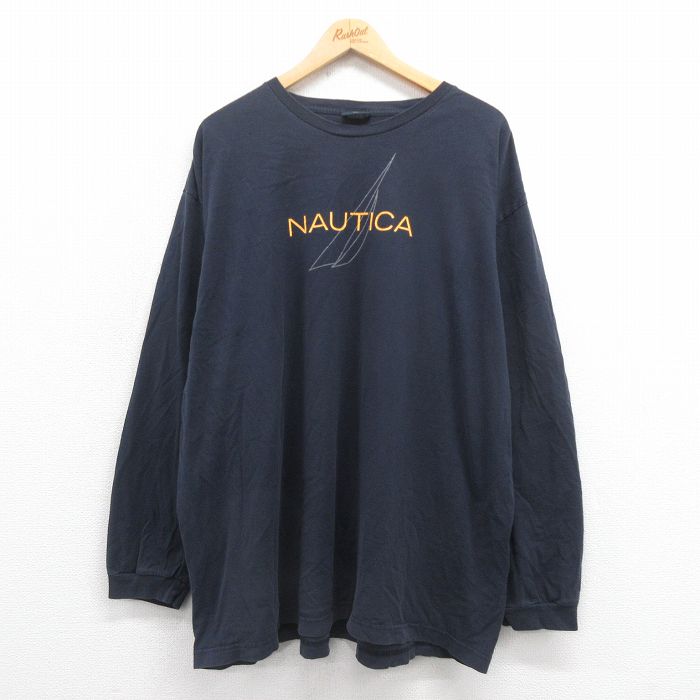 【50%OFF】【20%OFF】XL★古着 ノーティカ NAUTICA 長袖 ブランド Tシャツ メンズ ビッグロゴ 大きいサイズ コットン クルーネック 黒 ブラック 25aug27 中古