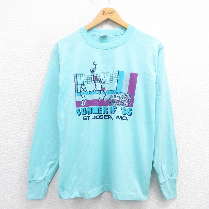 M★古着 長袖 ビンテージ Tシャツ メンズ 80年代 80s バレーボール クルーネック USA製 水色 25aug27 中古