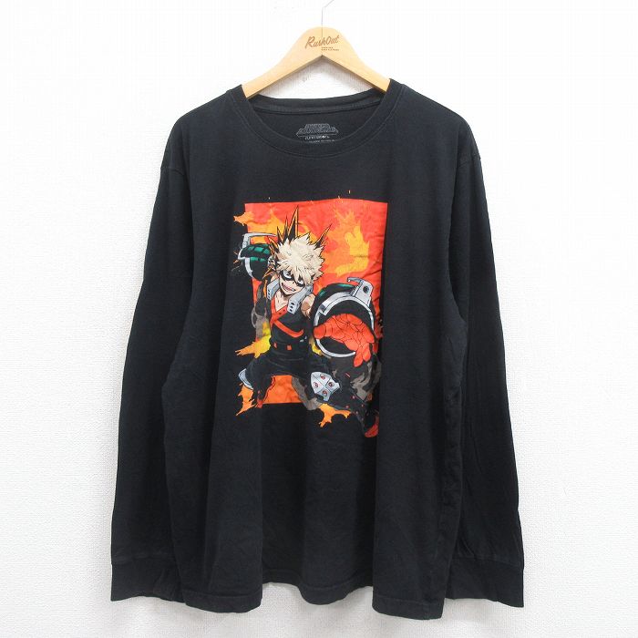 XL★古着 長袖 Tシャツ メンズ アニメ 僕のヒーローアカデミア 大きいサイズ コットン クルーネック 黒 ブラック 【spe】 25aug27 中古