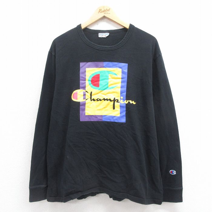 【50%OFF】XL★古着 チャンピオン champion 長袖 Tシャツ メンズ ビッグロゴ クルーネック 黒 ブラック 25aug27 中古