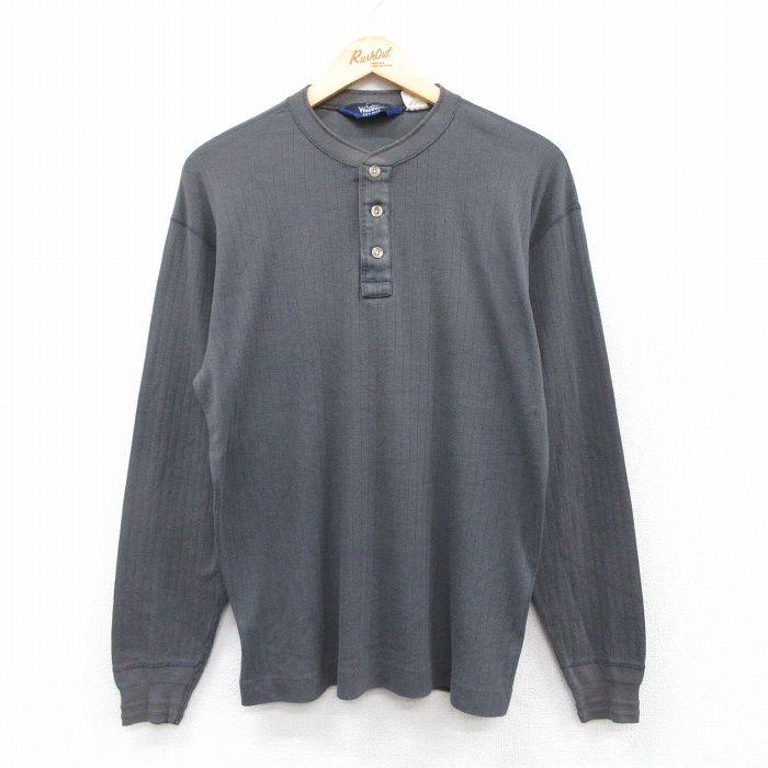 L★古着 ウールリッチ WOOLRICH 長袖 ビンテージ Tシャツ メンズ 90年代 90s 無地 ヘンリーネック 濃グレー 25aug27 中古