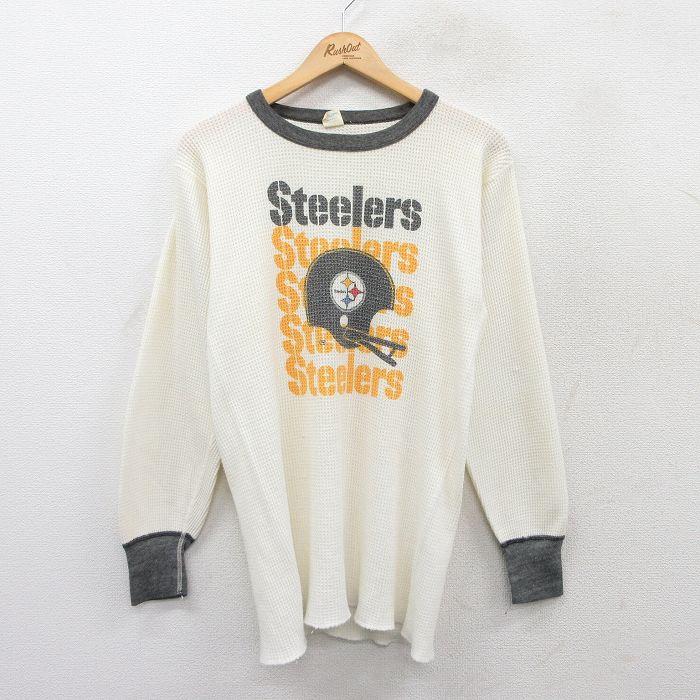 【20%OFF】M★古着 長袖 ビンテージ サーマル Tシャツ メンズ 90年代 90s NFL ピッツバーグスティーラーズ クルーネック USA製 生成り他 アメフト スーパーボウル 25aug27 中古
