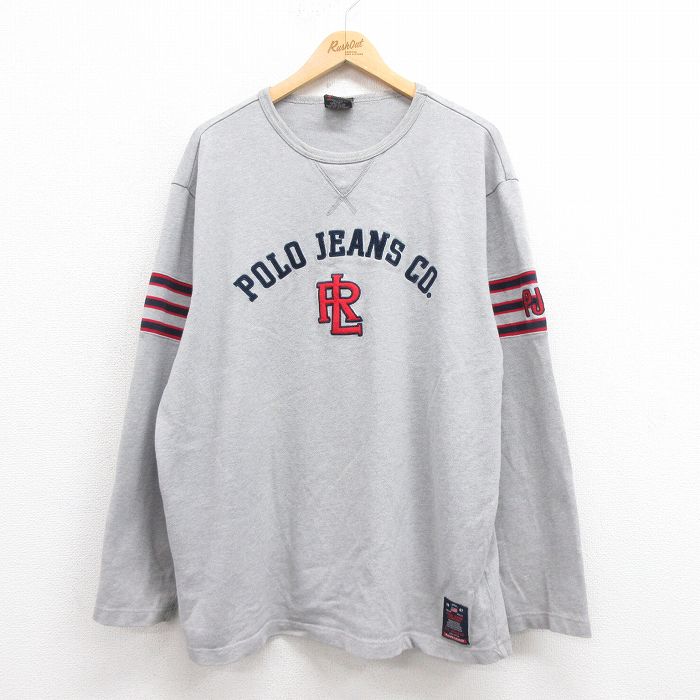 XL★古着 ラルフローレン Ralph Lauren ポロジーンズ 長袖 ブランド Tシャツ メンズ ビッグロゴ 大きいサイズ コットン クルーネック グレー 【spe】 25aug27 中古