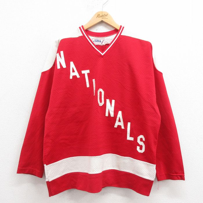 XL★古着 長袖 ビンテージ Tシャツ アイスホッケー ジャージ メンズ 80年代 80s ナショナルズ メッシュ地 Vネック 赤他 レッド ユニフォーム ゲームシャツ 25aug27 中古