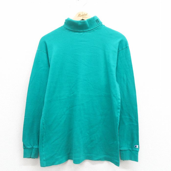 M★古着 チャンピオン champion 長袖 ビンテージ Tシャツ メンズ 90年代 90s H タートルネック ハイネック 青緑 25aug27 中古