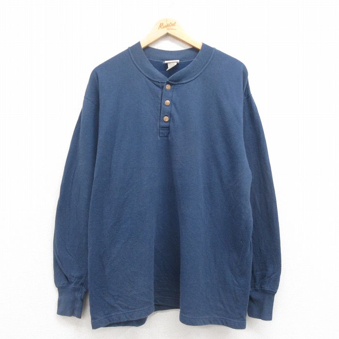 【20%OFF】XL★古着 デュオフォールド 長袖 Tシャツ メンズ 無地 大きいサイズ コットン ヘンリーネック 紺 ネイビー 25aug27 中古