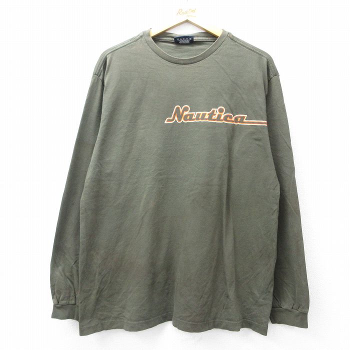XL★古着 ノーティカ NAUTICA 長袖 ブランド Tシャツ メンズ ビッグロゴ コットン クルーネック カナダ製 緑系 グリーン 25aug28 中古