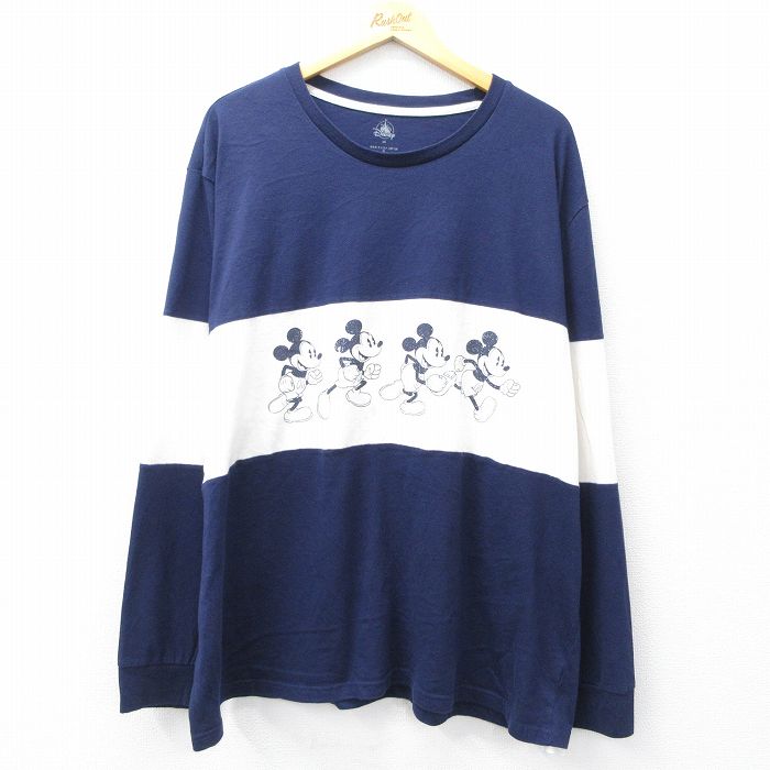 【50%OFF】XL★古着 長袖 Tシャツ メンズ ディズニー DISNEY ミッキー MICKEY MOUSE 大きいサイズ クルーネック 紺他 ネイビー 25aug28 中古