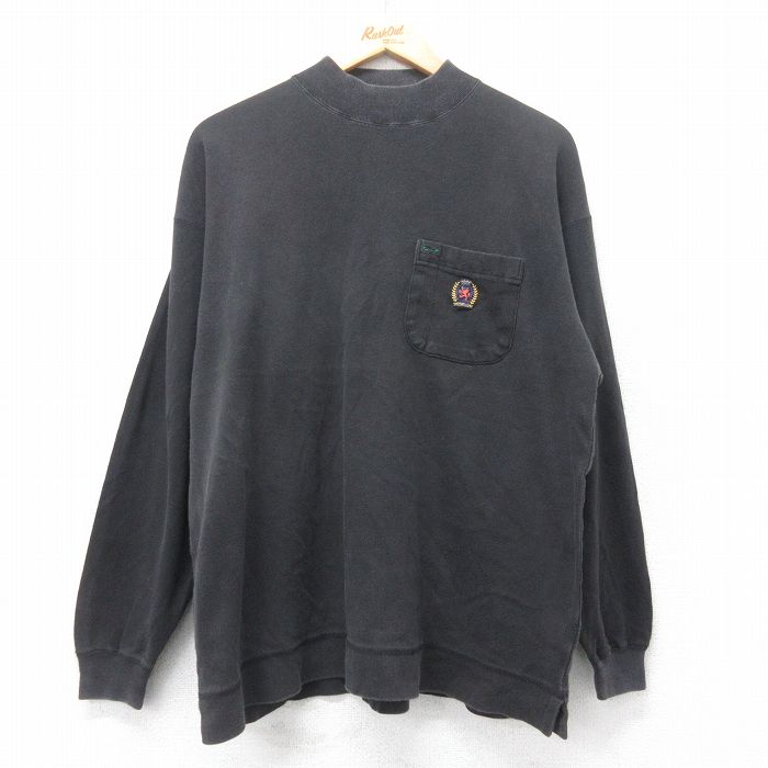 XL★古着 トミーヒルフィガー TOMMY HILFIGER 長袖 ブランド Tシャツ メンズ 90年代 90s ワンポイントロゴ 胸ポケット付き 大きいサイズ コットン モックネック ハイネック 黒 ブラック 25aug28 中古