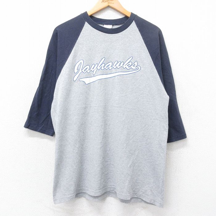 XL★古着 7分袖 ビンテージ Tシャツ メンズ 00年代 00s Jayhawks ラグラン ツートンカラー クルーネック グレー 霜降り他 25aug28 中古 7分丈 七分丈 七分袖