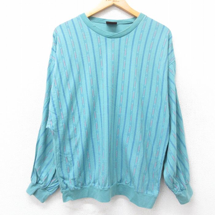XL★古着 長袖 ビンテージ Tシャツ メンズ 90年代 90s コットン クルーネック 青緑 ストライプ 25aug28 中古