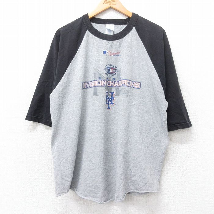 【20%OFF】XL★古着 7分袖 ビンテージ Tシャツ メンズ 00年代 00s MLB ニューヨークメッツ ラグラン ツートンカラー クルーネック グレー 霜降り他 メジャーリーグ ベースボール 野球 25aug28 中古 7分丈 七分丈 七分袖