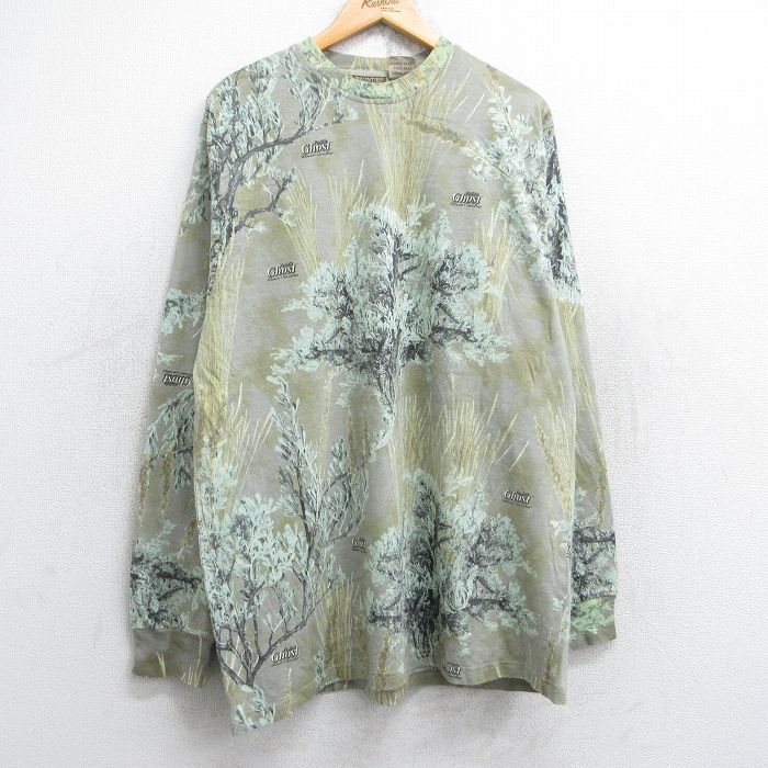 XL★古着 長袖 ビンテージ Tシャツ メンズ 00年代 00s Ghost 木 総柄 ロング丈 コットン クルーネック ベージュ系他 カーキ 迷彩 【spe】 25aug28 中古
