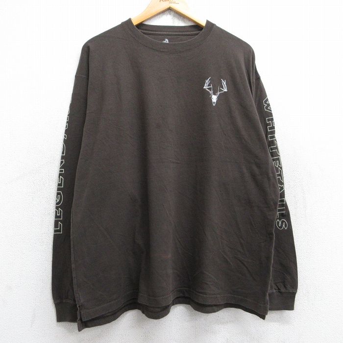【50%OFF】XL★古着 長袖 Tシャツ メンズ ロングホーン LEGENDARY 大きいサイズ コットン クルーネック 茶 ブラウン 25aug28 中古