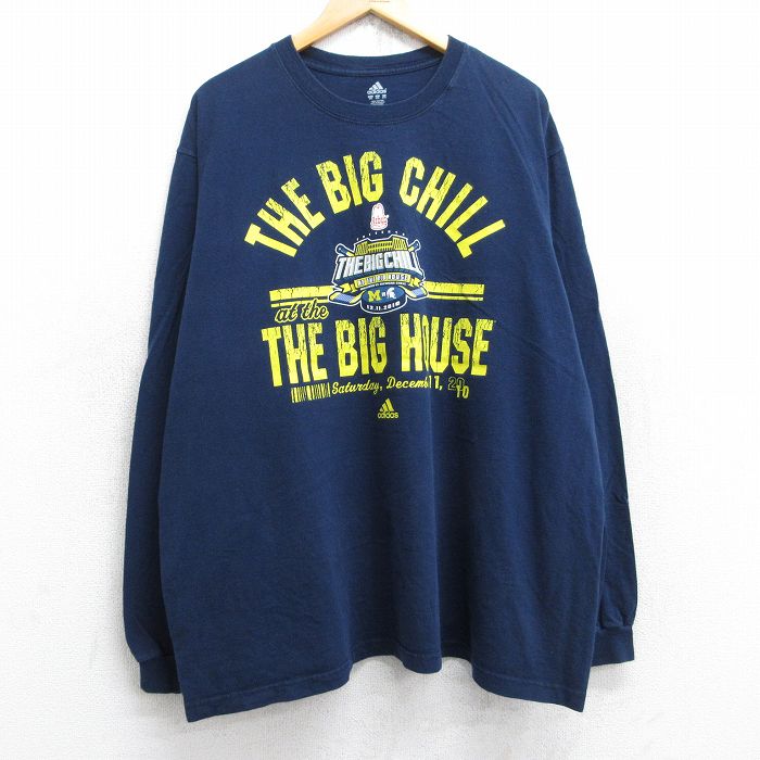 【50%OFF】XL★古着 アディダス adidas 長袖 Tシャツ メンズ ミシガン アイスホッケー 大きいサイズ コットン クルーネック 紺 ネイビー 25aug28 中古
