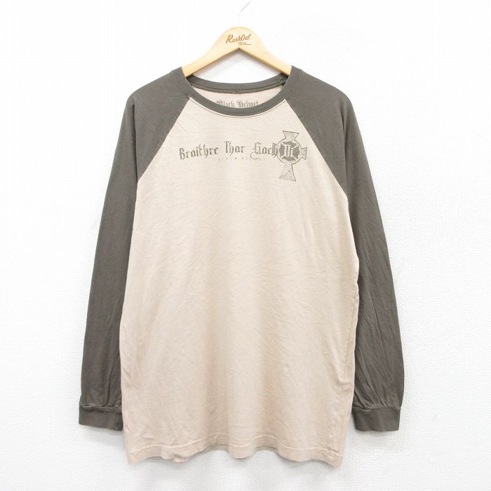 【20%OFF】L★古着 長袖 Tシャツ メンズ BLACK HELMET 十字架 ラグラン ツートンカラー コットン クルーネック ベージュ他 カーキ 25aug28 中古