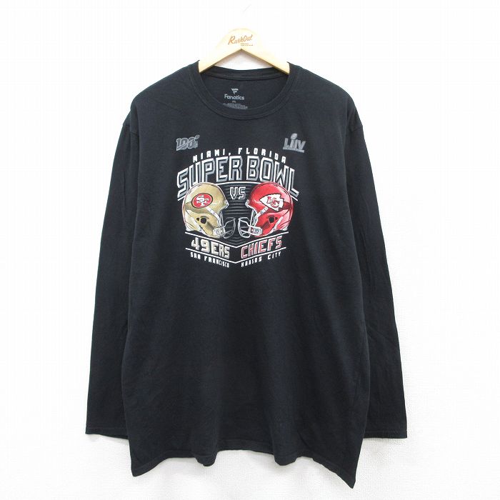 【50%OFF】XL★古着 長袖 Tシャツ メンズ NFL サンフランシスコフォーティーナイナーズ 49ers カンザスシティチーフス 大きいサイズ コットン クルーネック 黒 ブラック アメフト スーパーボウル 25aug28 中古