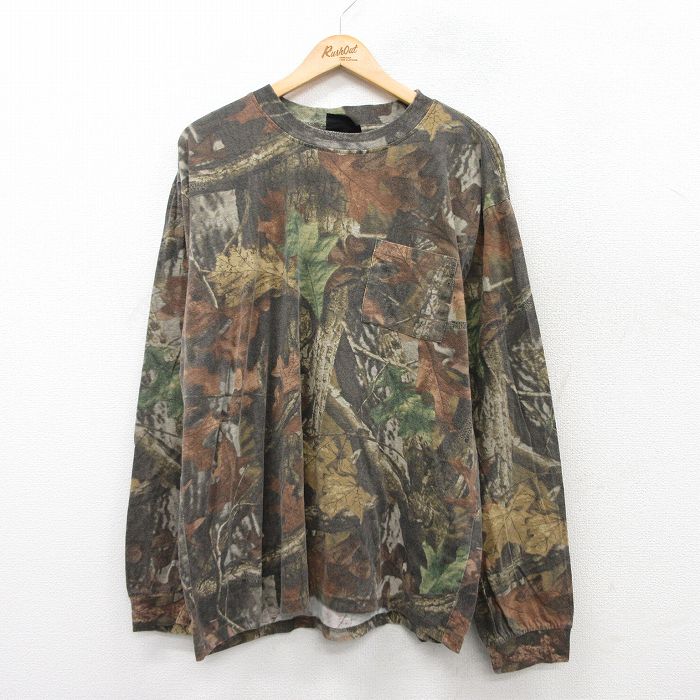 XL★古着 長袖 Tシャツ メンズ 胸ポケット付き 大きいサイズ クルーネック 茶他 ブラウン 迷彩 25aug28 中古