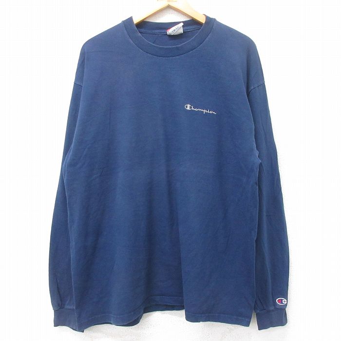 【20%OFF】XL★古着 チャンピオン Champion 長袖 ビンテージ Tシャツ メンズ 00年代 00s ワンポイントロゴ 大きいサイズ クルーネック 紺 ネイビー 25aug28 中古