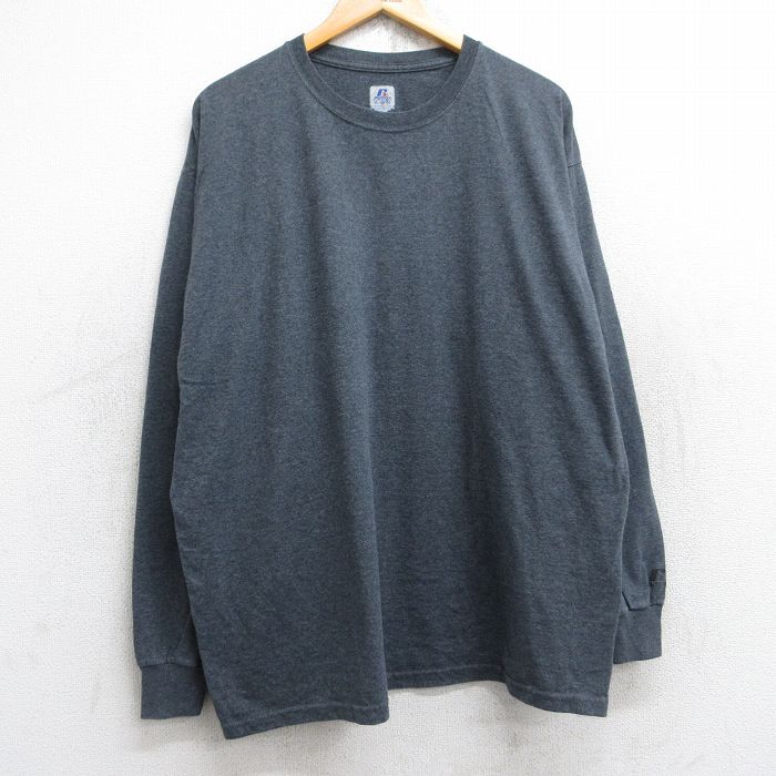 【50%OFF】XL★古着 ラッセル 長袖 Tシャツ メンズ 無地 大きいサイズ クルーネック 濃グレー 霜降り 25aug28 中古