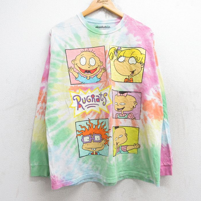 XL★古着 長袖 Tシャツ メンズ ニコロデオン ラグラッツ コットン クルーネック 緑他 グリーン タイダイ 25aug28 中古