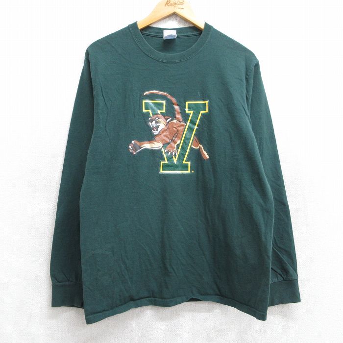 M★古着 長袖 ビンテージ Tシャツ メンズ 00年代 00s V タイガー コットン クルーネック 緑 グリーン 25aug29 中古