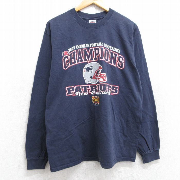 【20%OFF】L★古着 長袖 ビンテージ Tシャツ メンズ 00年代 00s NFL ニューイングランドペイトリオッツ コットン クルーネック 紺 ネイビー アメフト スーパーボウル 25aug29 中古
