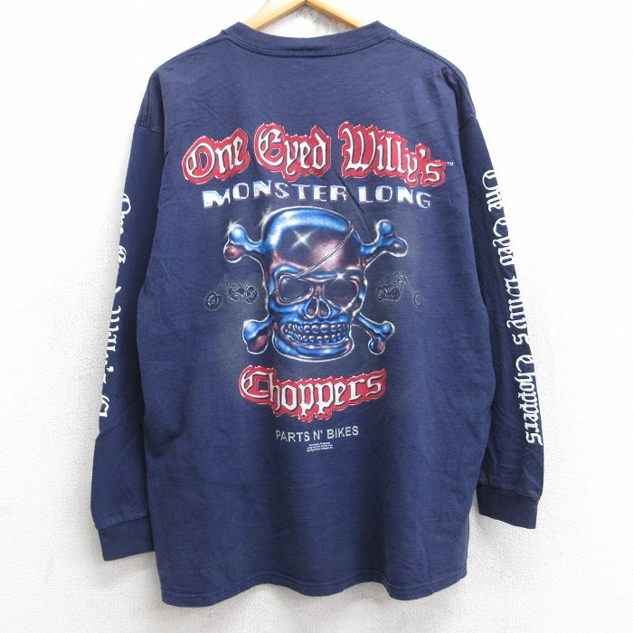 XL★古着 長袖 ビンテージ Tシャツ メンズ 00年代 00s スカル バイク One Eyed Willys コットン クルーネック 紺 ネイビー 25aug29 中古