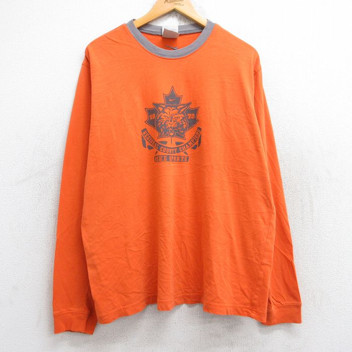 【50%OFF】XL★古着 ナイキ NIKE 長袖 ビンテージ Tシャツ メンズ 00年代 00s ネコ スポーツ コットン クルーネック オレンジ 25aug29 中古